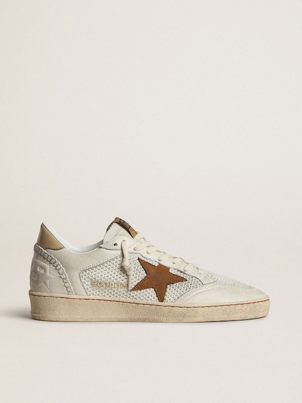 Golden Goose - Women's Ball Star in white nappa and mesh with tobacco-colored nubuck star and beige heel tab in 