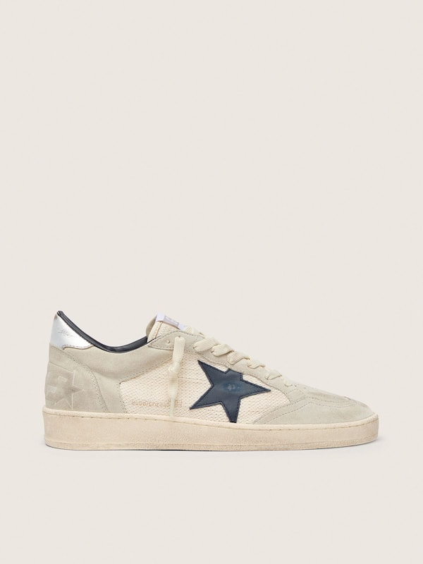 Golden Goose - Ball Star LTD donna in suede grigio con stella blu e inserti in crochet color crema in 
