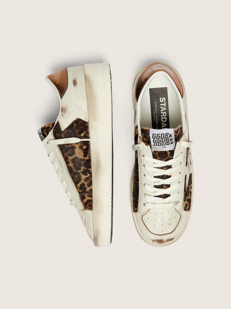 Golden Goose - Stardan donna in pelle bianca e cavallino leo con stella in pelle bianca in 