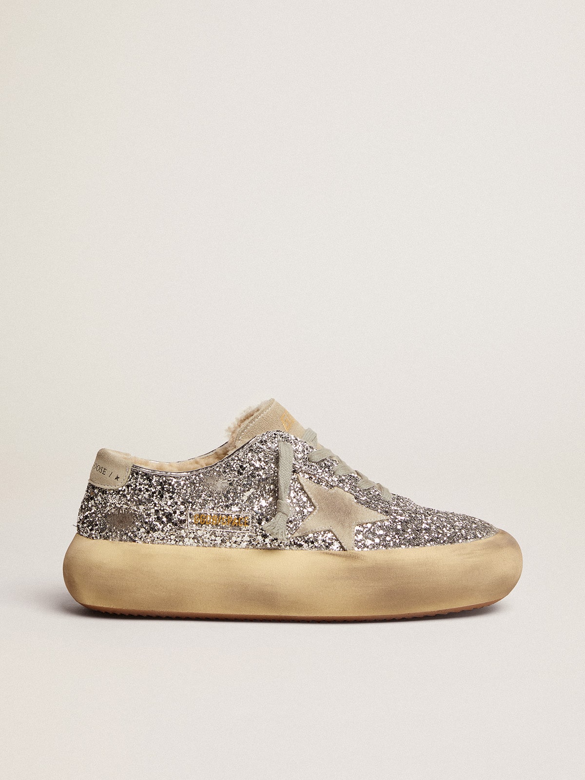 Women s Space Star shoes in silver glitter with shearling lining Golden Goose