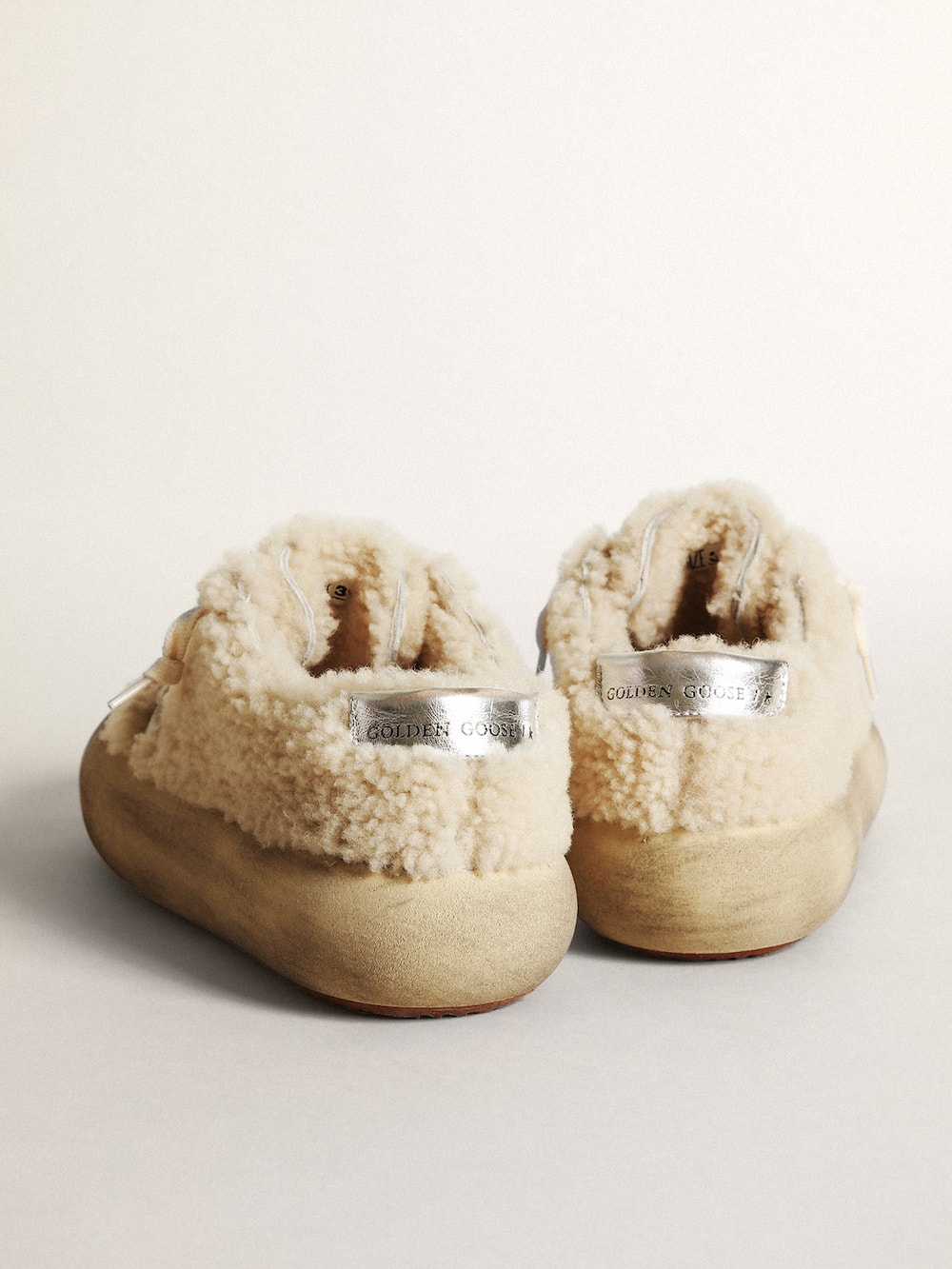 Golden Goose - Women’s Space-Star shoes in beige shearling with white leather star and metallic leather heel tab in 