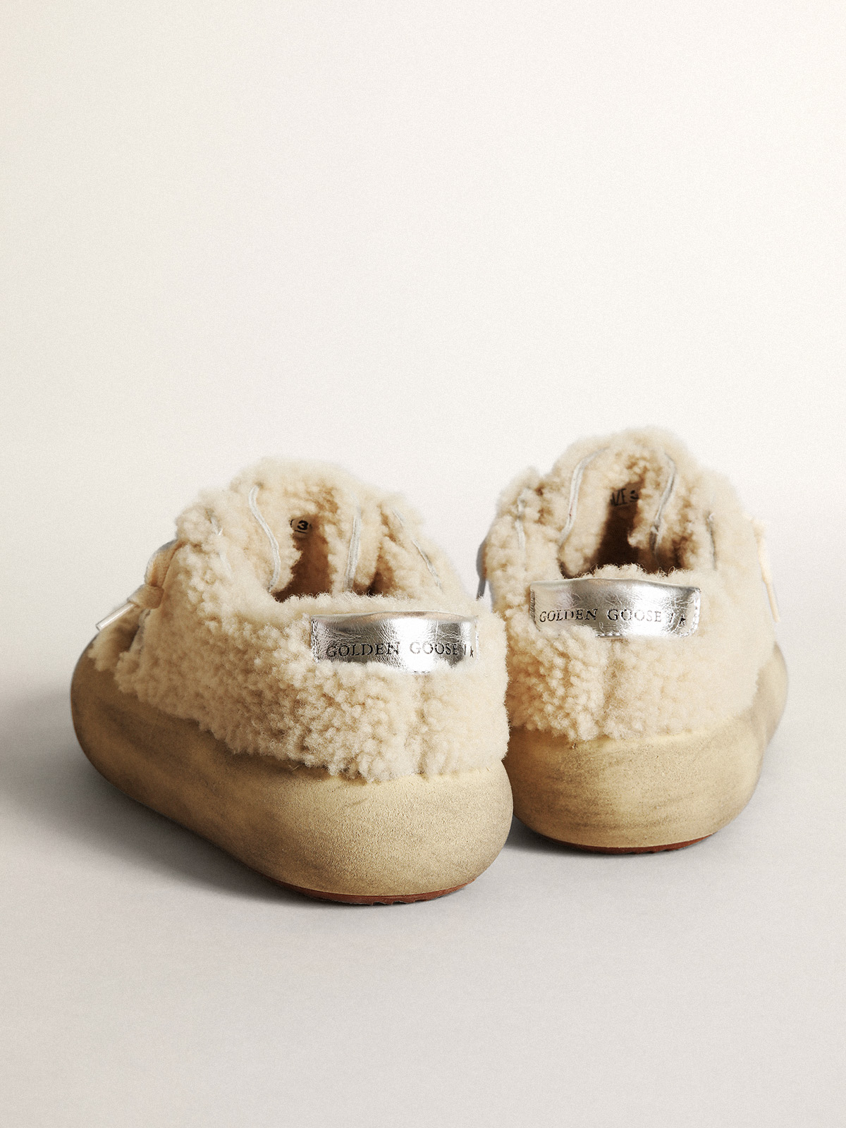 Golden Goose - Women’s Space-Star shoes in beige shearling with white leather star and metallic leather heel tab in