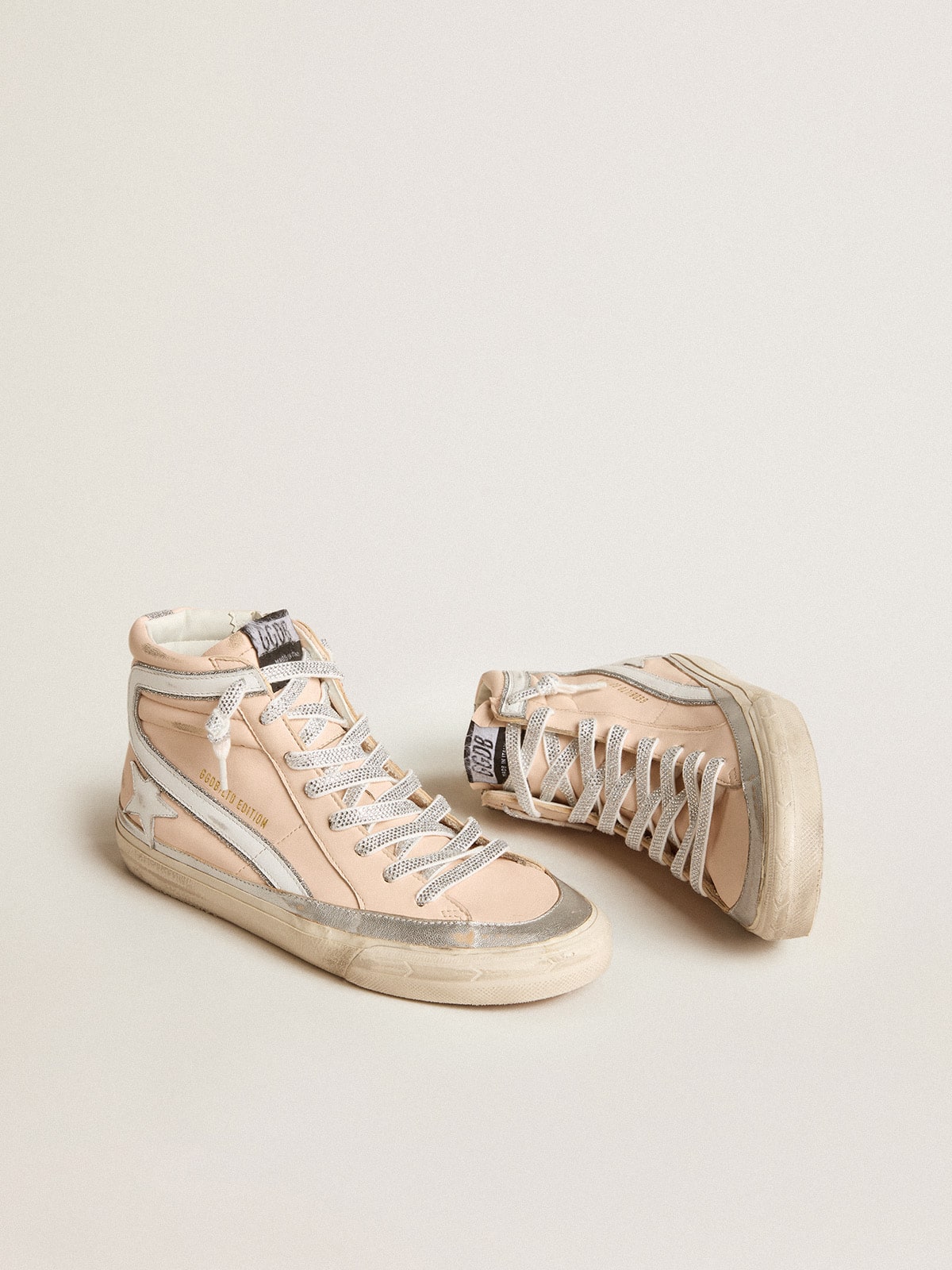 Golden Goose - Women's Slide LTD in pink nappa leather with white star and Swarovski inserts in 