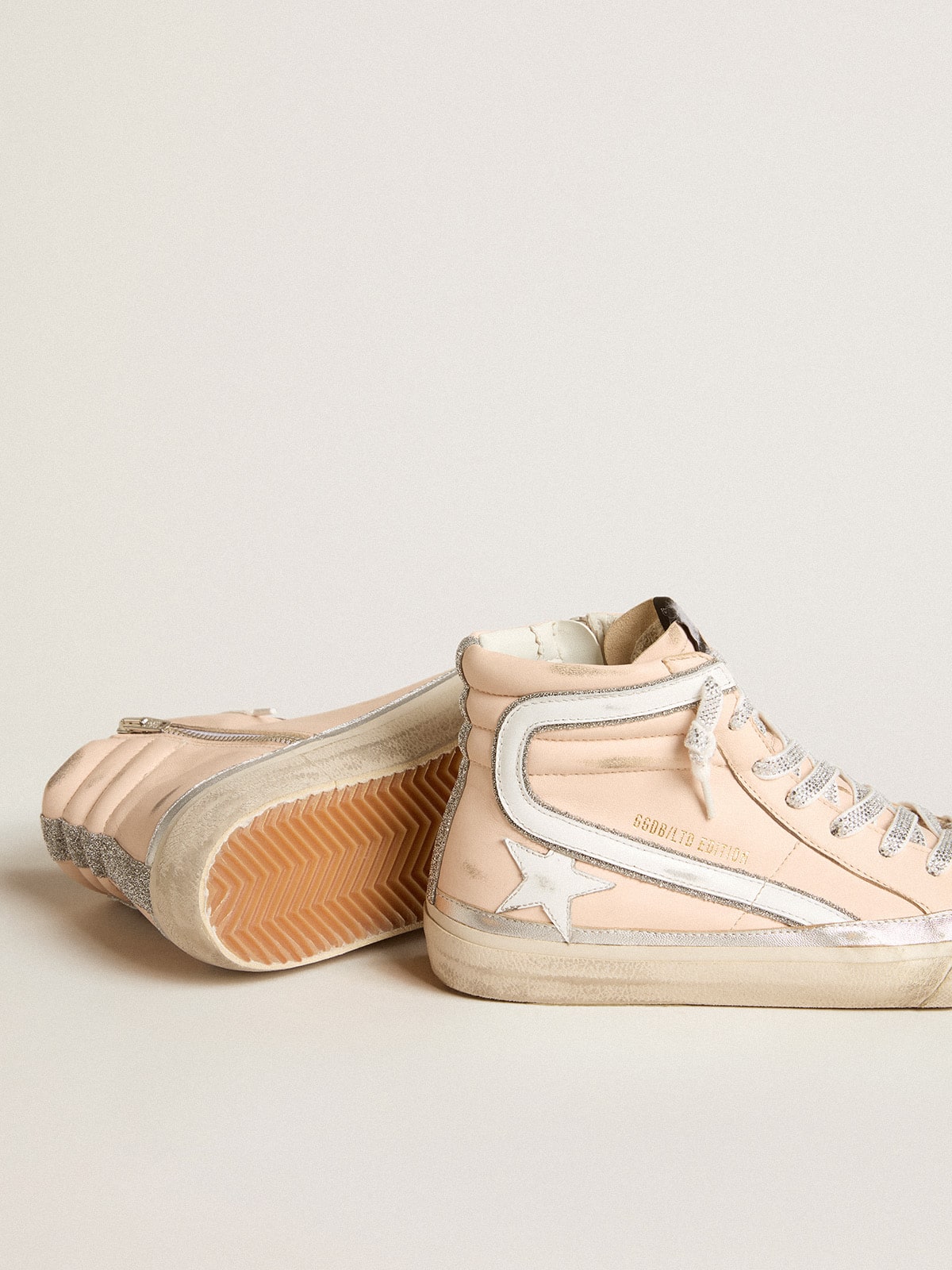 Golden Goose - Women's Slide LTD in pink nappa leather with white star and Swarovski inserts in 