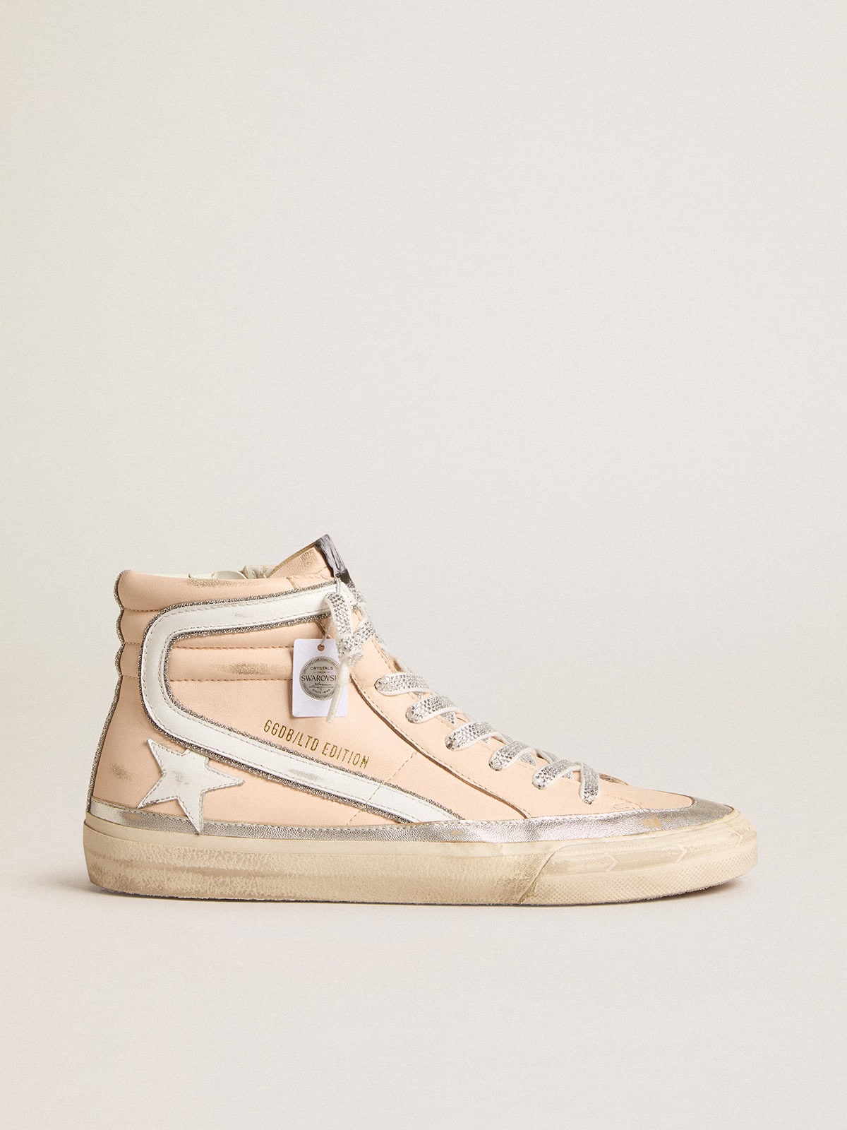 Golden Goose - Women's Slide LTD in pink nappa leather with white star and Swarovski inserts in 