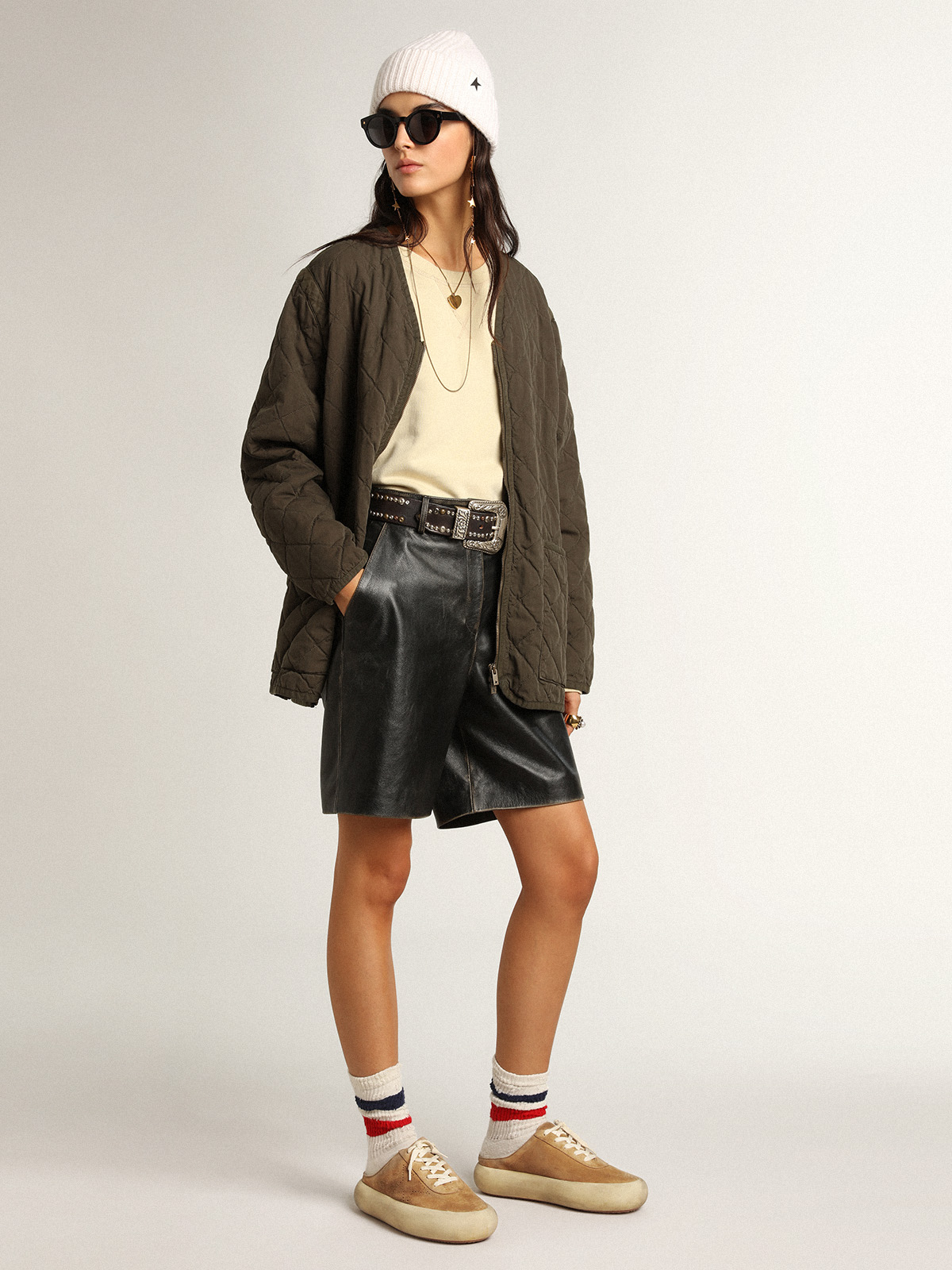 Golden Goose - Women's Space-Star Sabot in tobacco-colored suede with perforated star in