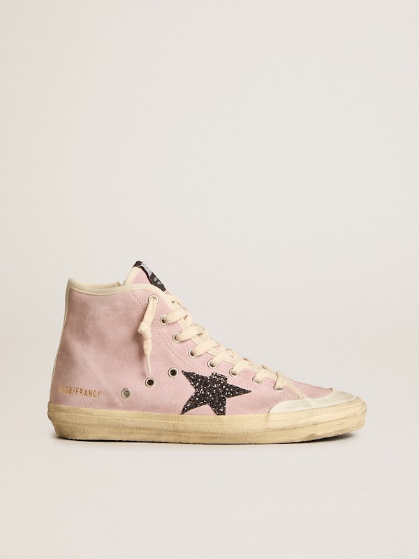 Golden Goose - Women's Francy Penstar in pink suede with gray glitter star in 