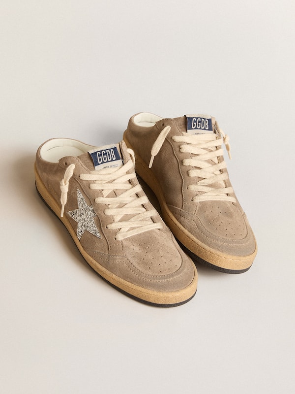 Golden Goose - Ball Star Sabots in dove-gray suede with silver glitter star in 