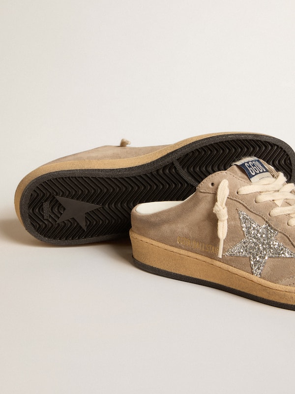Golden Goose - Ball Star Sabots in dove-gray suede with silver glitter star in 