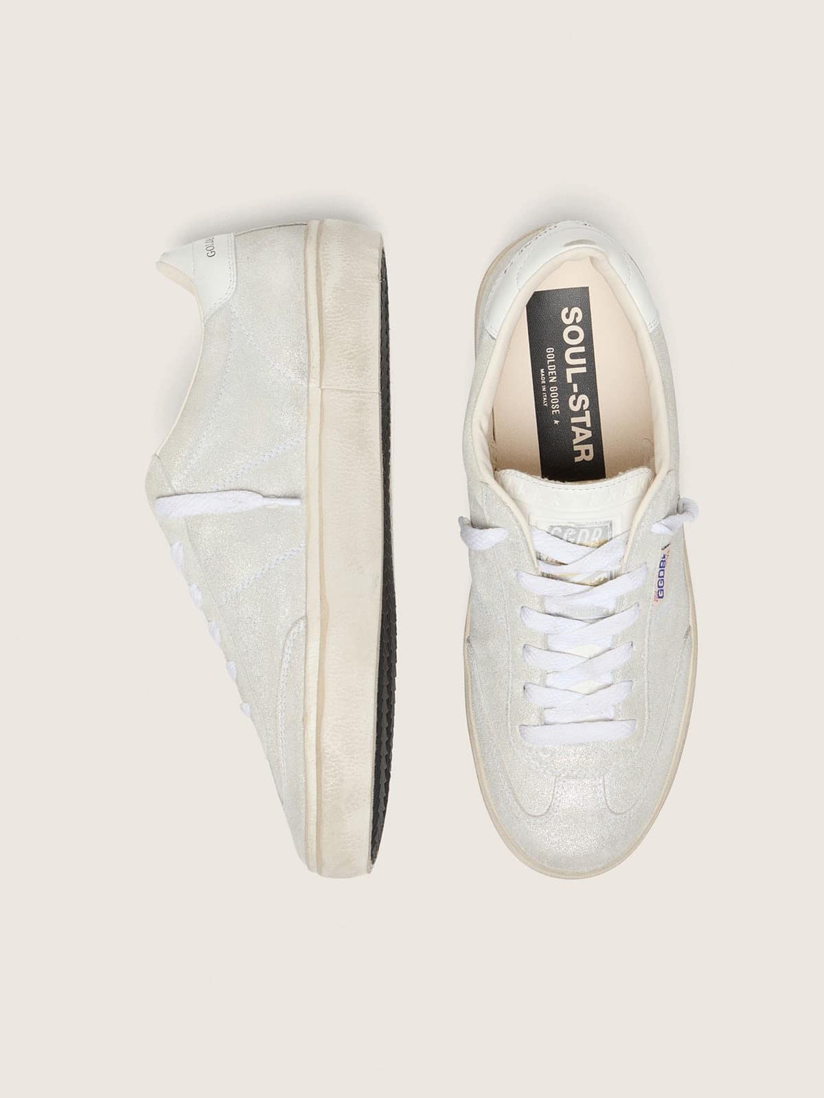 Soul Star Donna in suede beige con talloncino in pelle color bianco