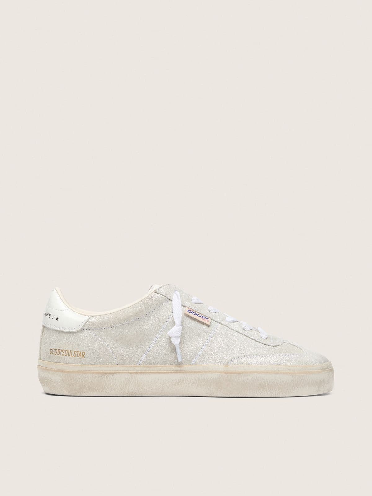 Golden Goose - Soul Star Feminino de suede bege com faixa no tal&atilde;o de couro branco in 