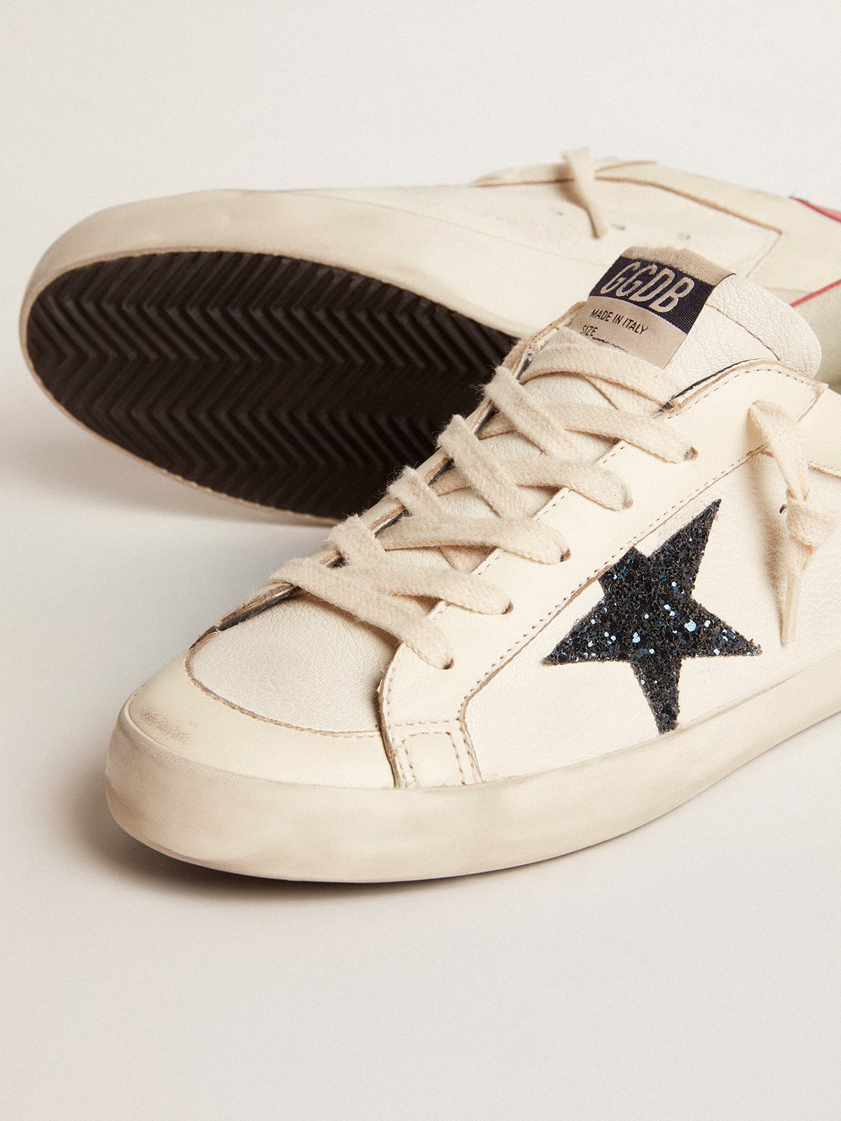 Golden Goose - Women's Super-Star LTD in nappa with blue glitter star and red heel tab in 