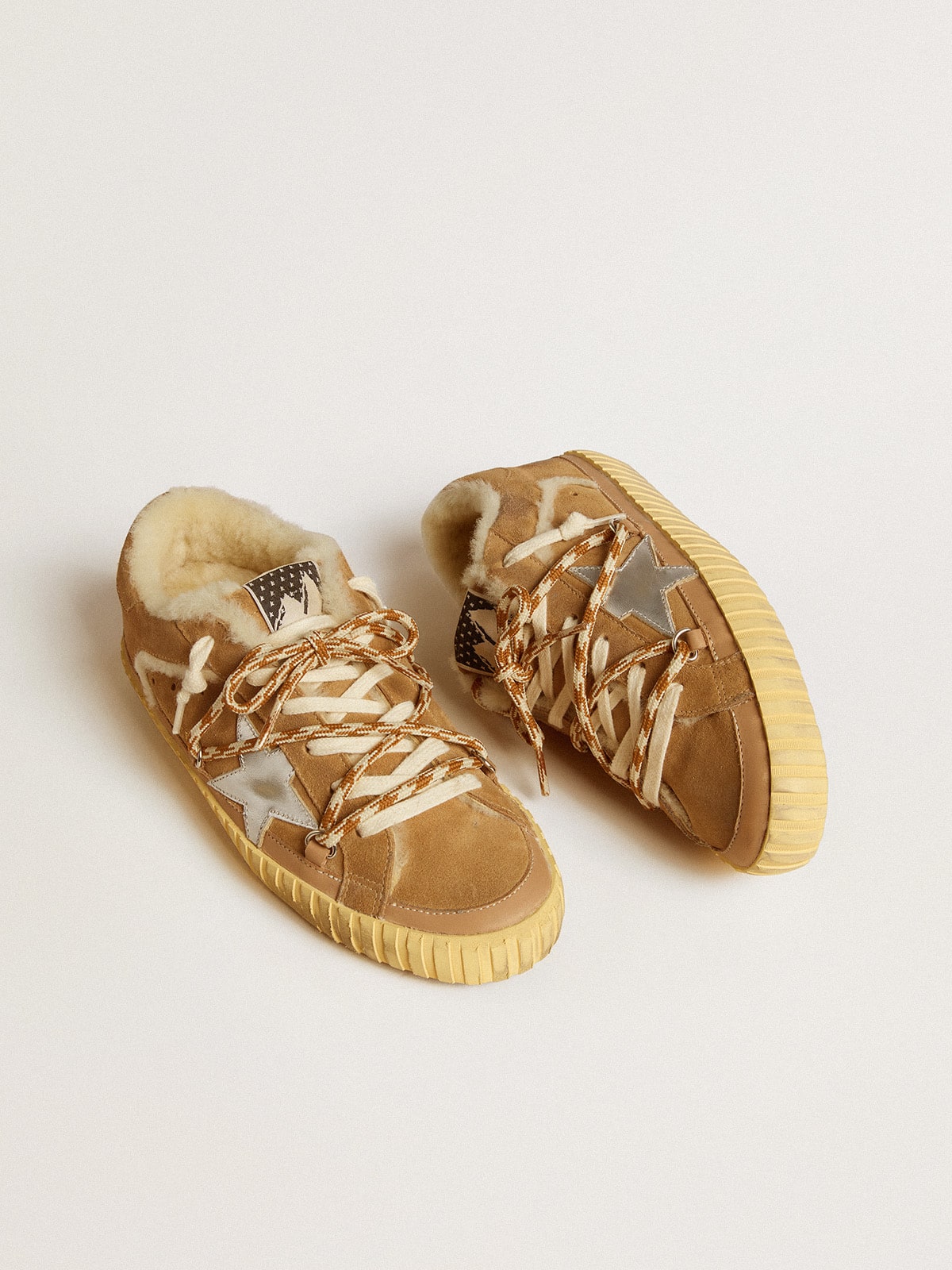 Golden Goose - Super-Star in beige suede and shearling with metallic leather star in 