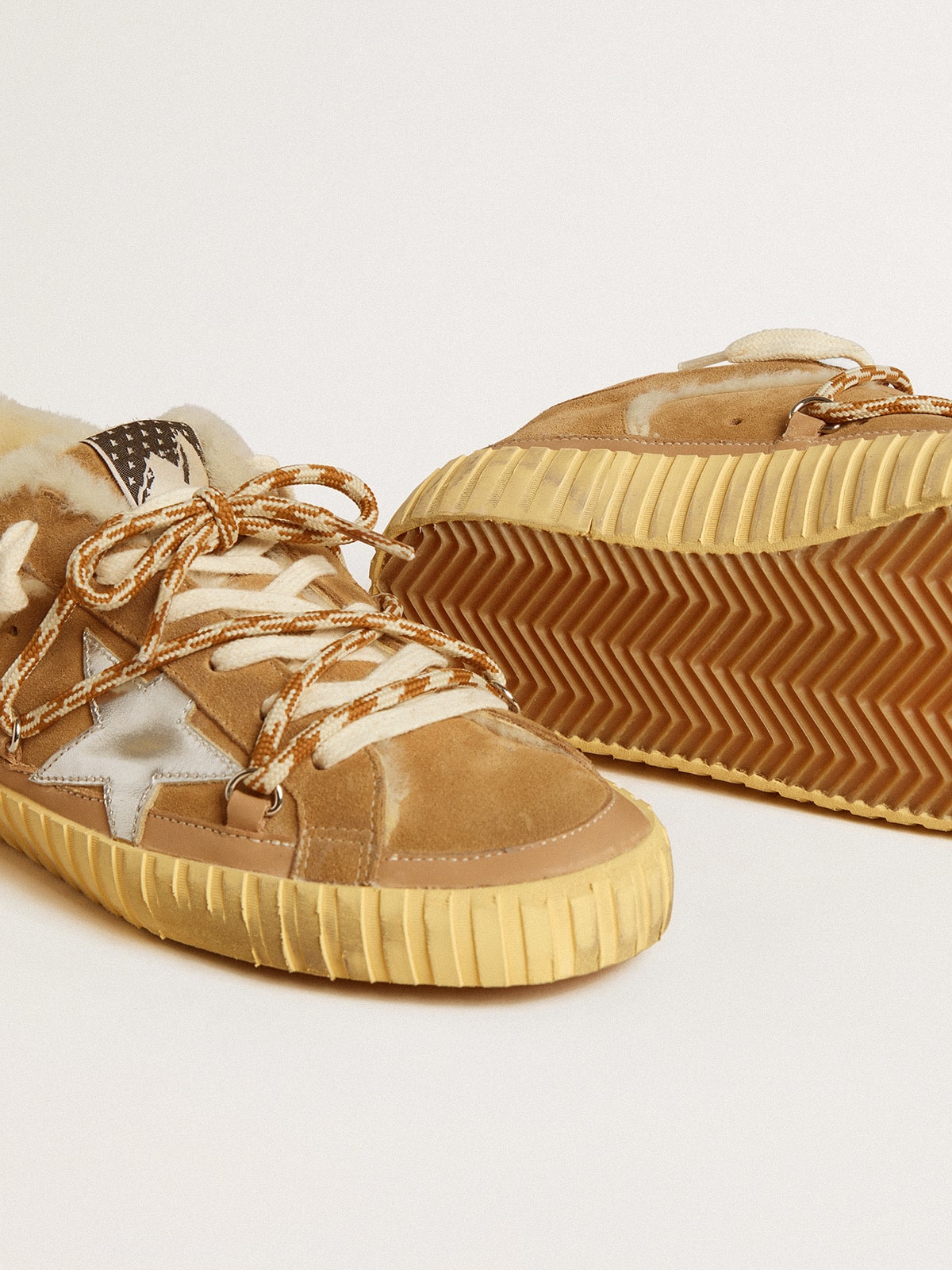 Golden Goose - Super-Star in beige suede and shearling with metallic leather star in 