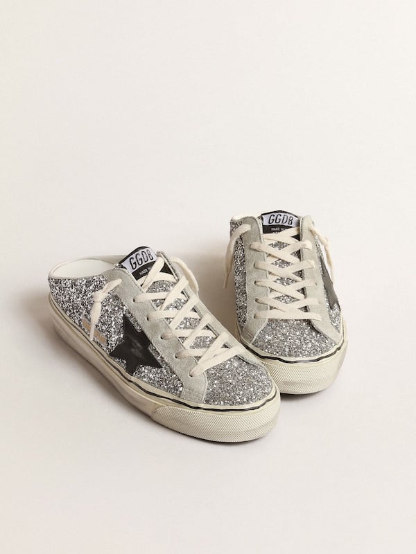 Golden Goose - Women's Super-Star Sabot in silver glitter with black leather star in 
