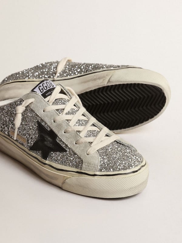 Golden Goose - Women's Super-Star Sabot in silver glitter with black leather star in 