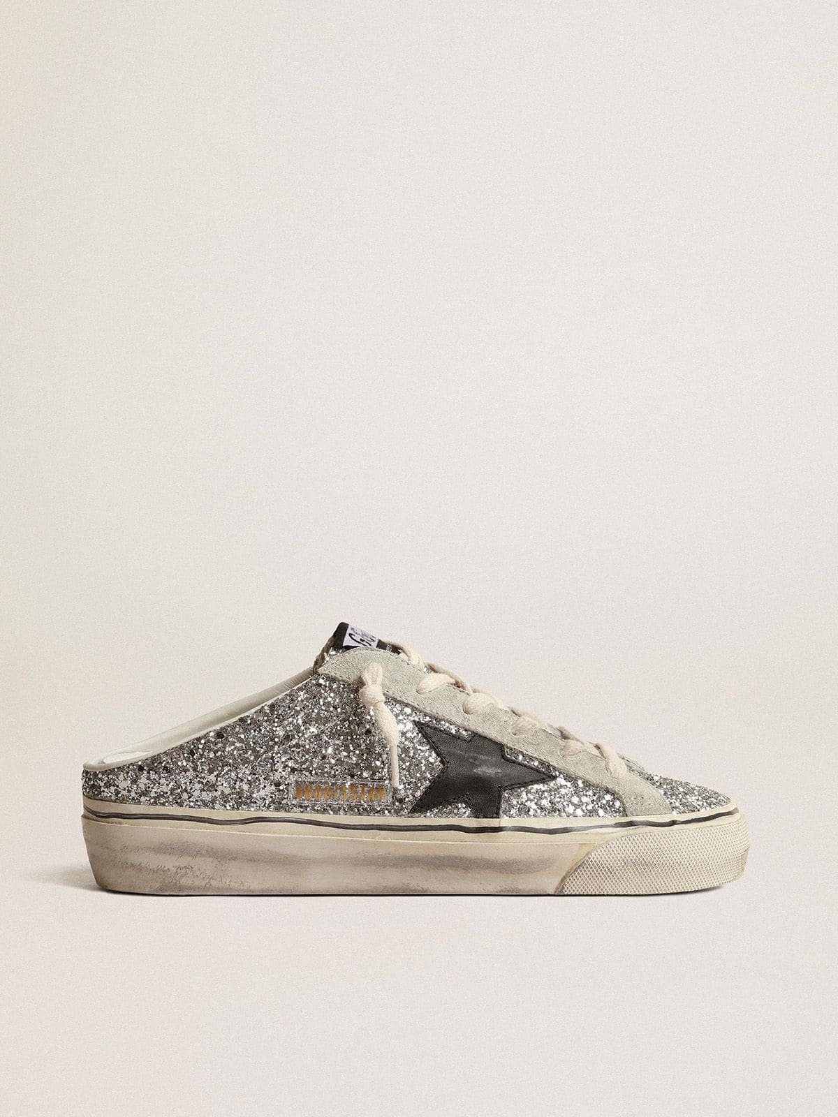 Golden Goose - Super-Star Sabot Donna in glitter argento con stella in pelle nera in 