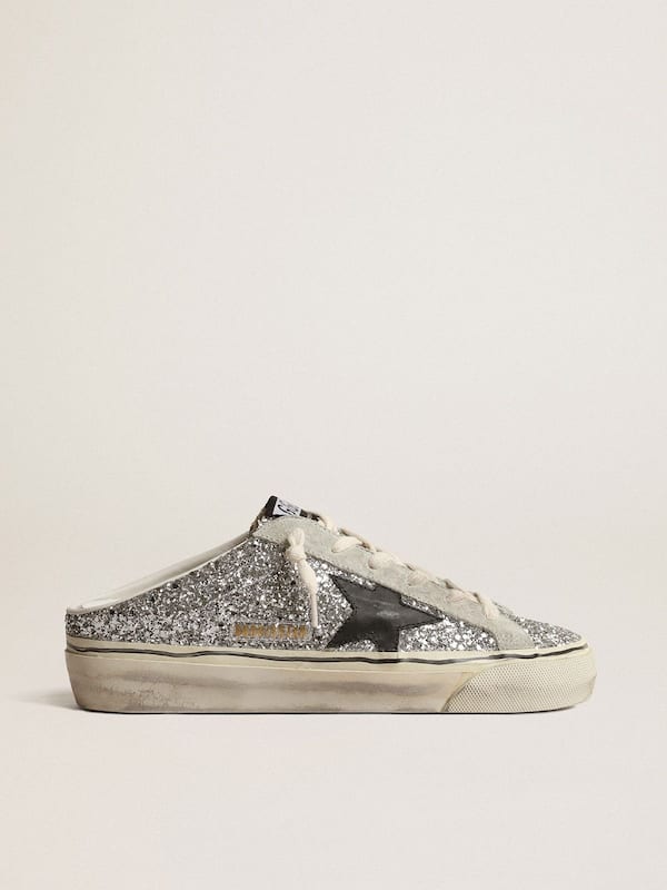Golden Goose - Women's Super-Star Sabot in silver glitter with black leather star in 