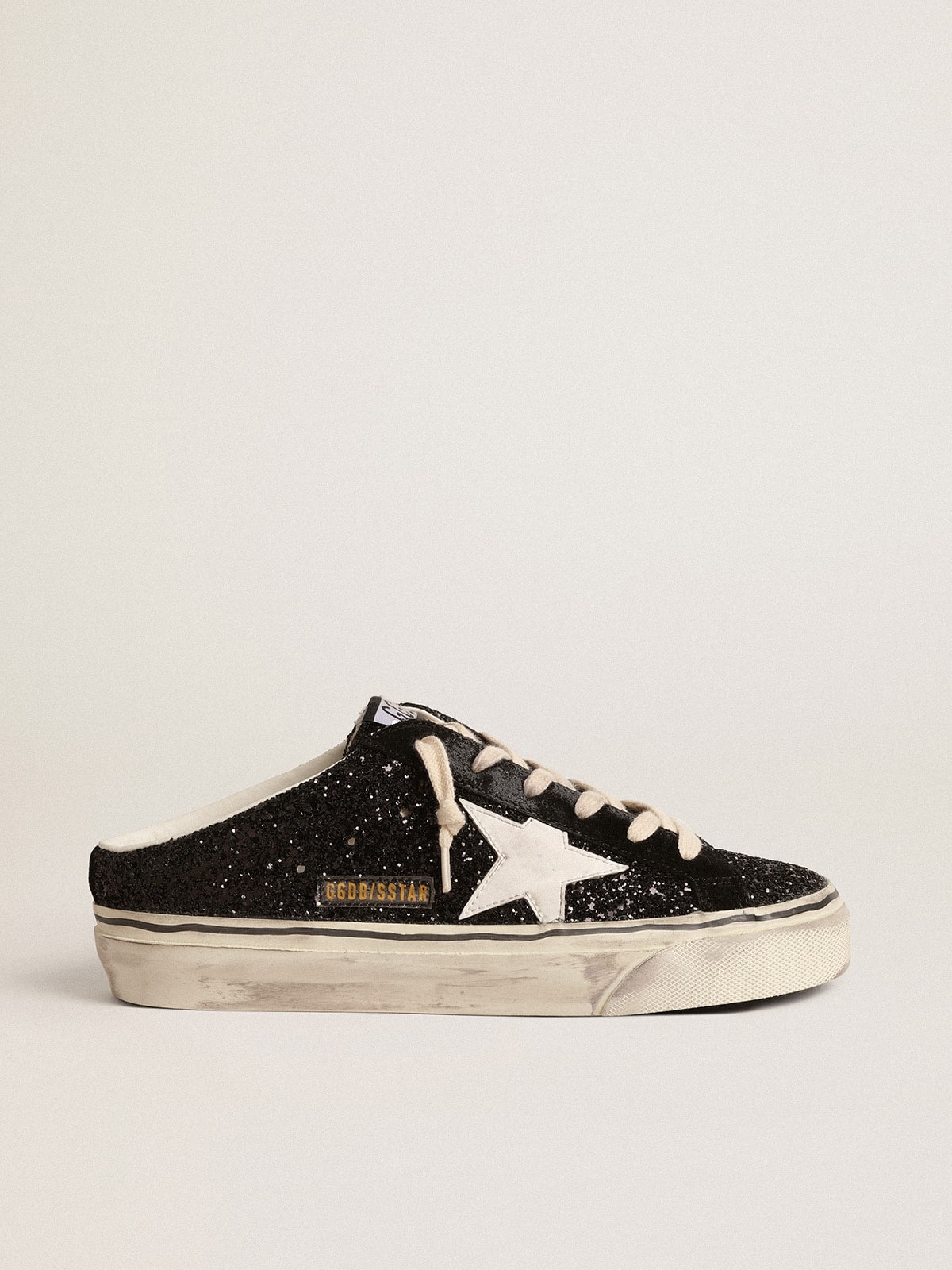 Super Star Sabots in black glitter with white bio based star Golden Goose