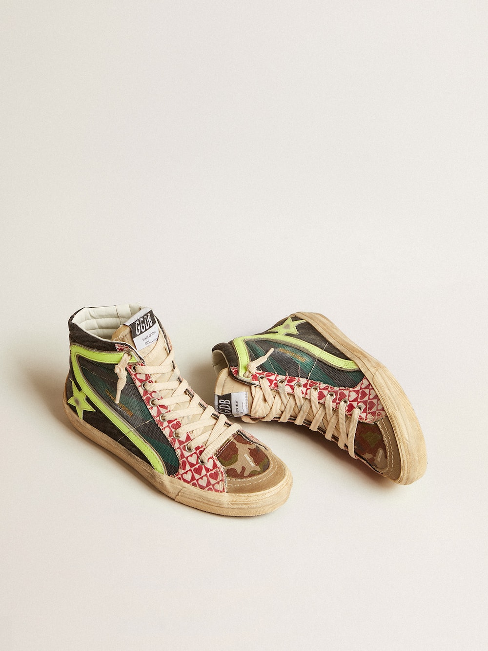 Golden Goose - Women’s Slide LAB in camo canvas with yellow leather star and flash in 
