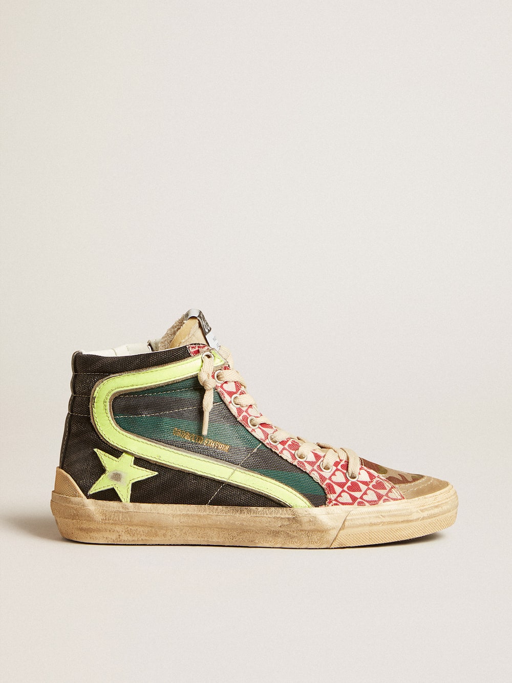 Golden Goose - Women’s Slide LAB in camo canvas with yellow leather star and flash in 