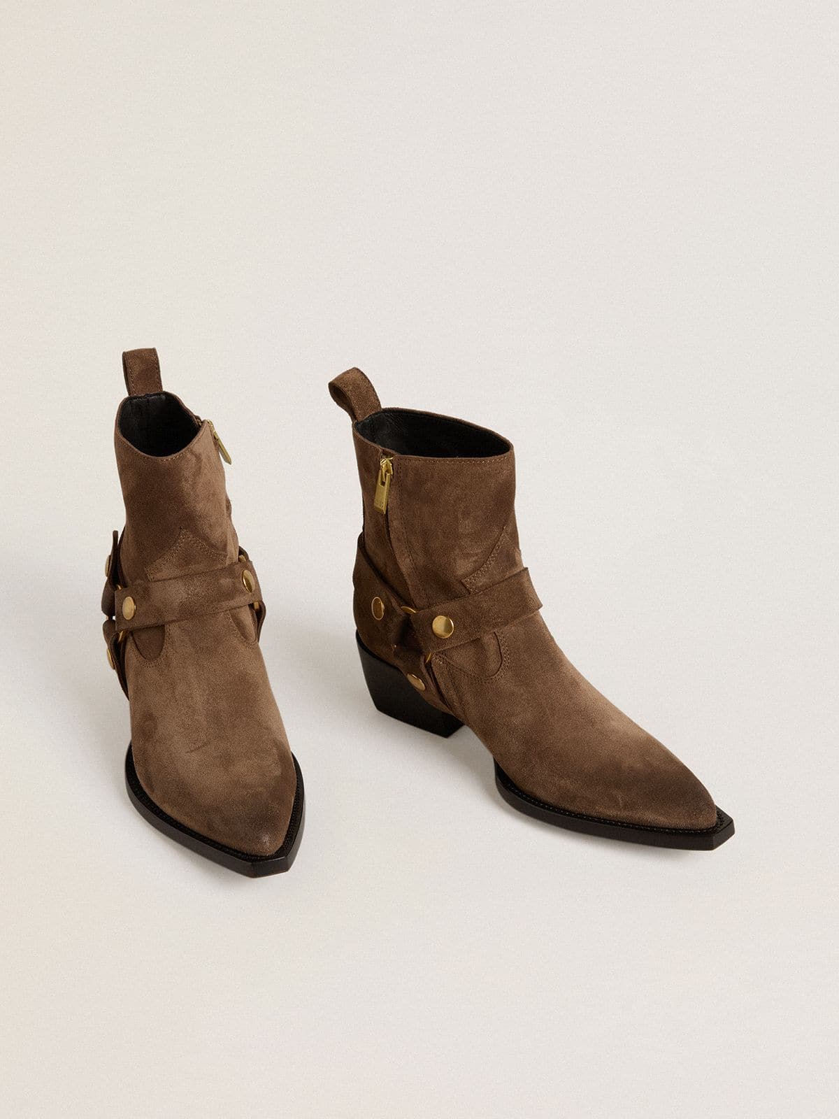 Golden Goose - Stivali Debbie bassi in suede color tortora con fibbia rimovibile in 
