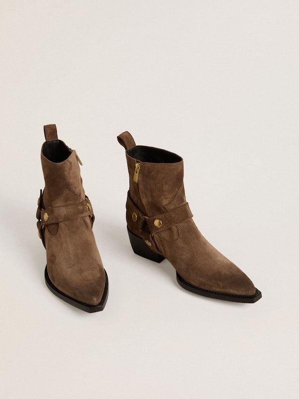 Golden Goose - Low Debbie boots in dove-gray suede with removable buckle in 