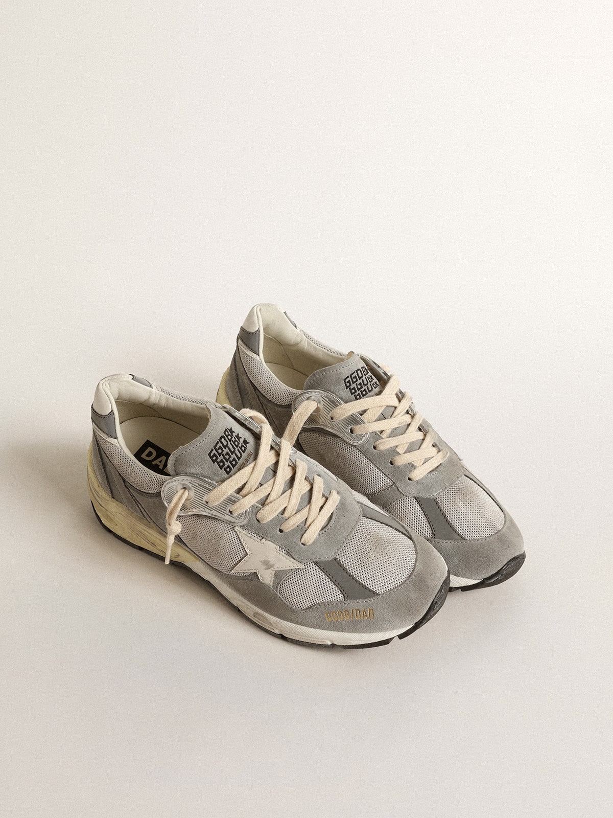 Golden Goose - Dad-Star en daim et résille argentée avec étoile et contrefort en cuir blanc in 