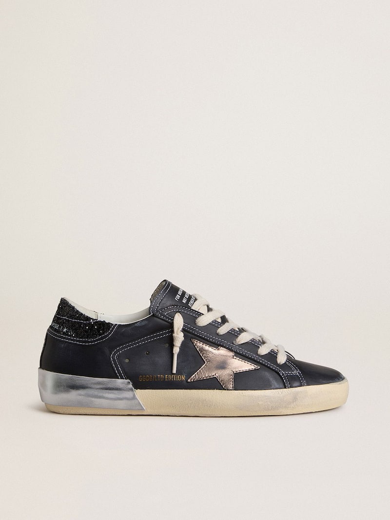 Women's Super-Star LTD in black leather with gold leather star and black glitter heel tab