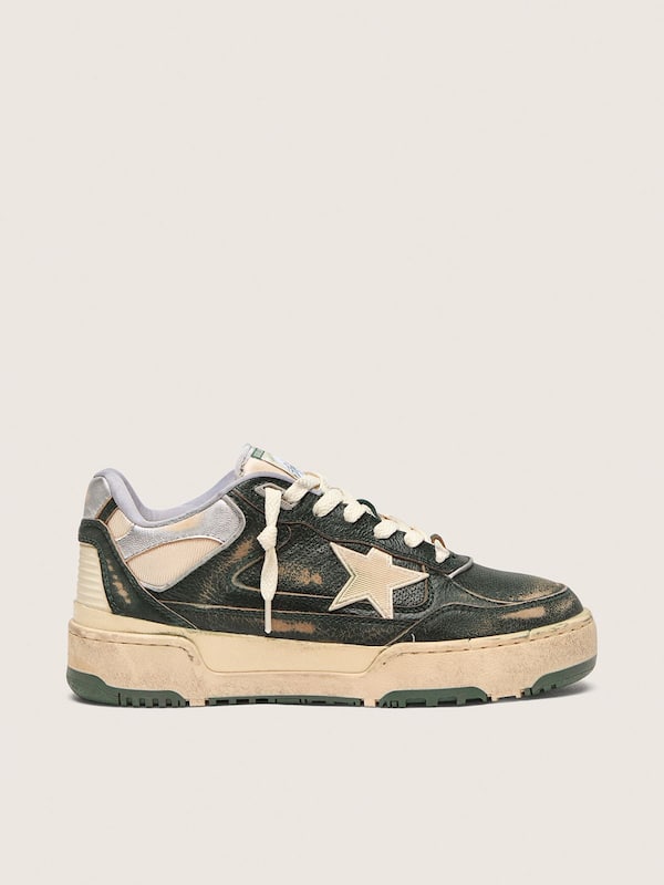 Golden Goose - Women's Forty2 in green leather and cream nylon with TPU star and silver leather heel tab in 