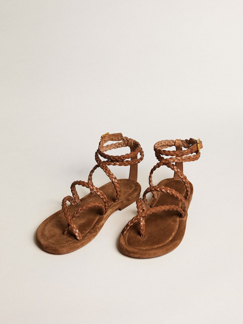 Golden Goose - Flache Damen-Sandale Penelope aus Leder in Tabakbraun mit Rauledersohle in 