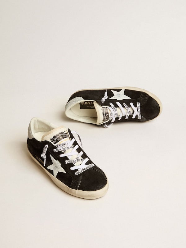 Golden Goose - Women's Super-Star LTD in black suede with white printed star and silver glitter heel tab in 