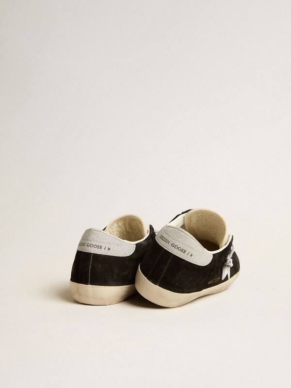 Golden Goose - Women's Super-Star LTD in black suede with white printed star and silver glitter heel tab in 