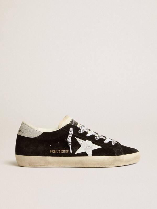 Golden Goose - Women's Super-Star LTD in black suede with white printed star and silver glitter heel tab in 