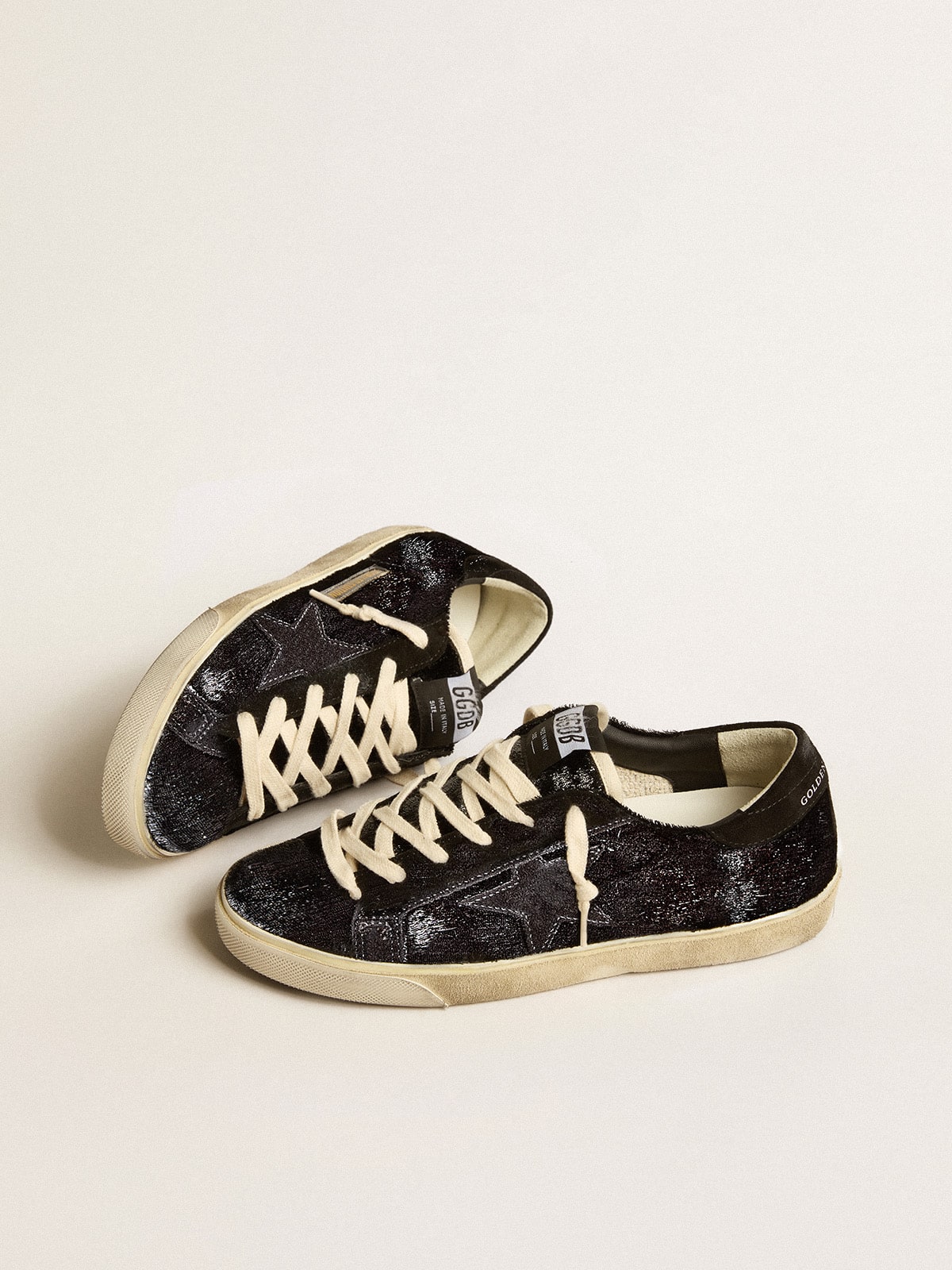 Women s Super Star in black velvet and suede with black suede star Golden Goose