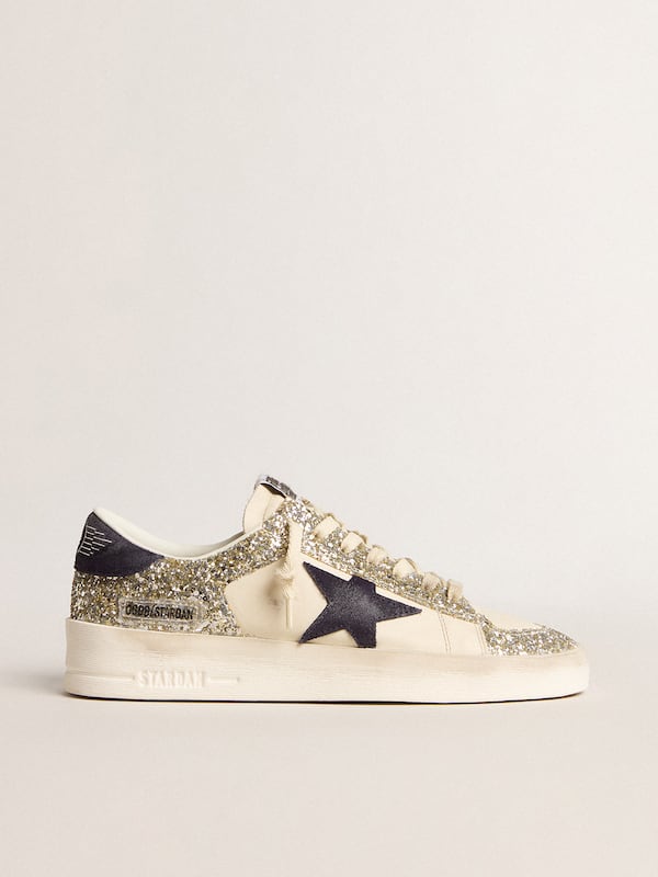 Golden Goose - Women's Stardan in platinum glitter with dark blue suede star and heel tab in 