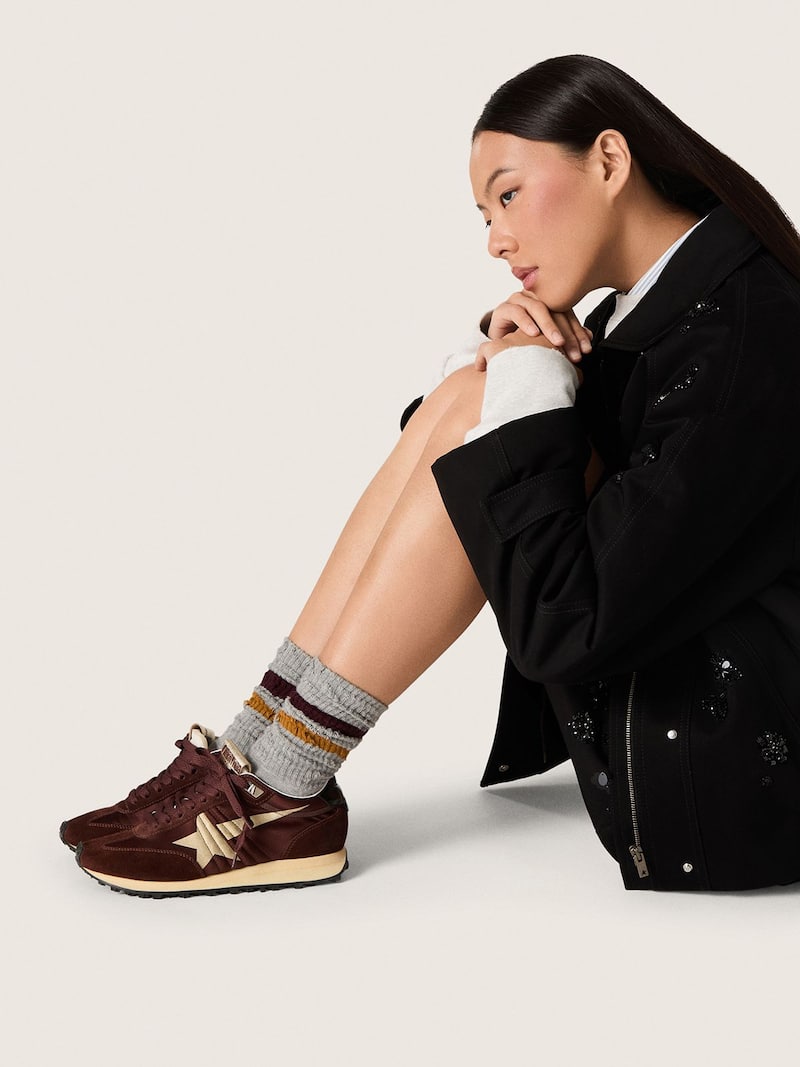 Golden Goose - Women's Marathon with brown satin upper and platinum leather star in 