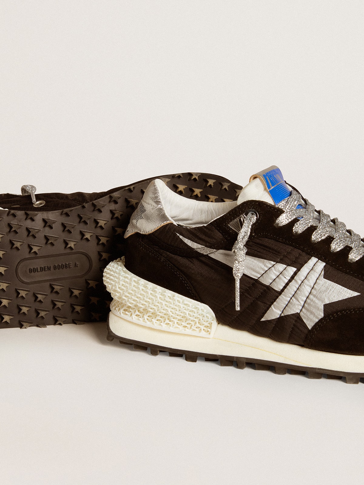 Golden Goose - Women’s Marathon with black ripstop nylon upper and silver star in 