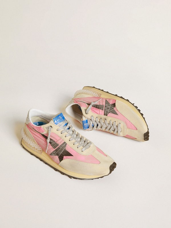 Golden Goose - Women's Marathon in pink nylon and beige suede with black printed star in 