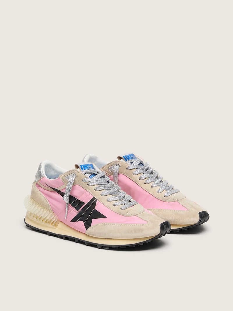 Golden Goose - Women's Marathon in pink nylon and beige suede with black printed star in 