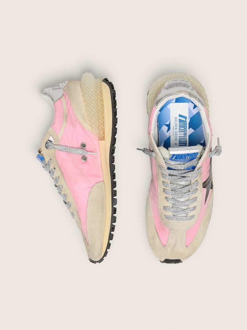Golden Goose - Women's Marathon in pink nylon and beige suede with black printed star in 
