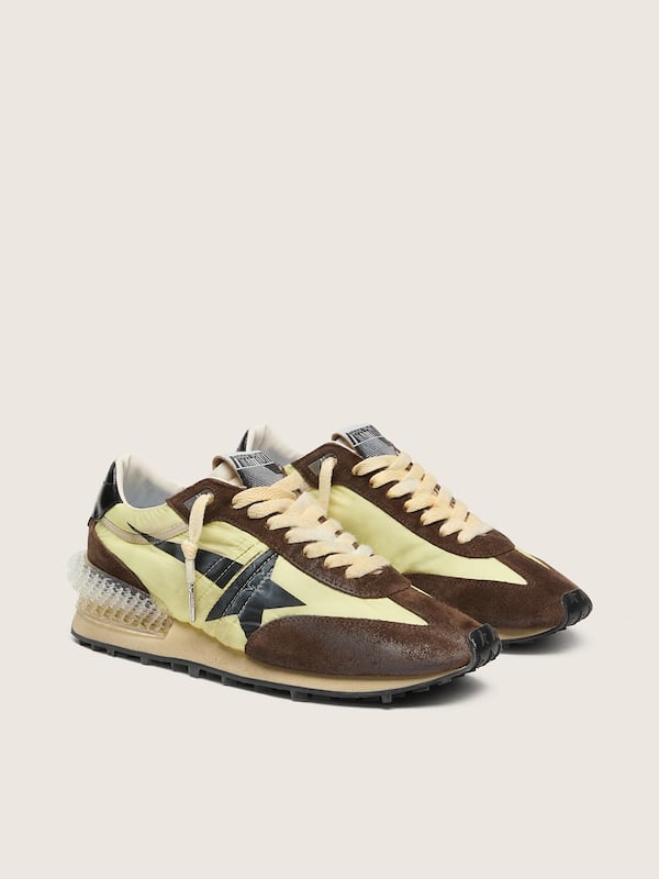 Women&rsquo;s Marathon in lime-green nylon with black star and brown suede inserts
