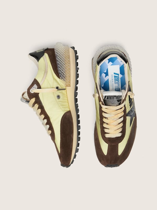 Women&rsquo;s Marathon in lime-green nylon with black star and brown suede inserts