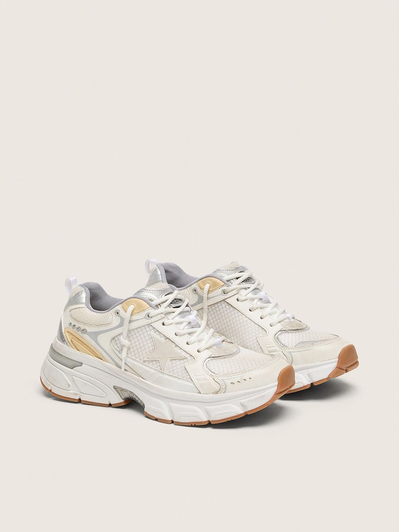 Golden Goose - Lightstar Donna in pelle e mesh bianchi e stella bianco vissuto in 