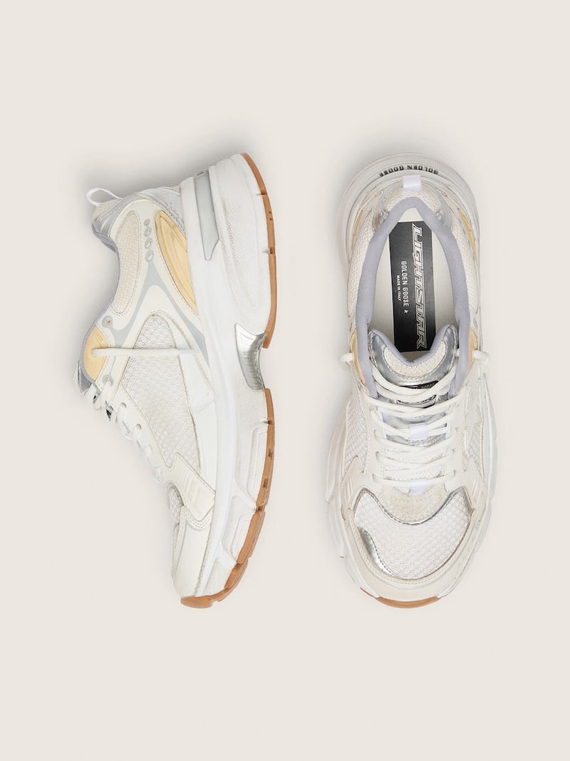 Golden Goose - Lightstar Donna in pelle e mesh bianchi e stella bianco vissuto in 