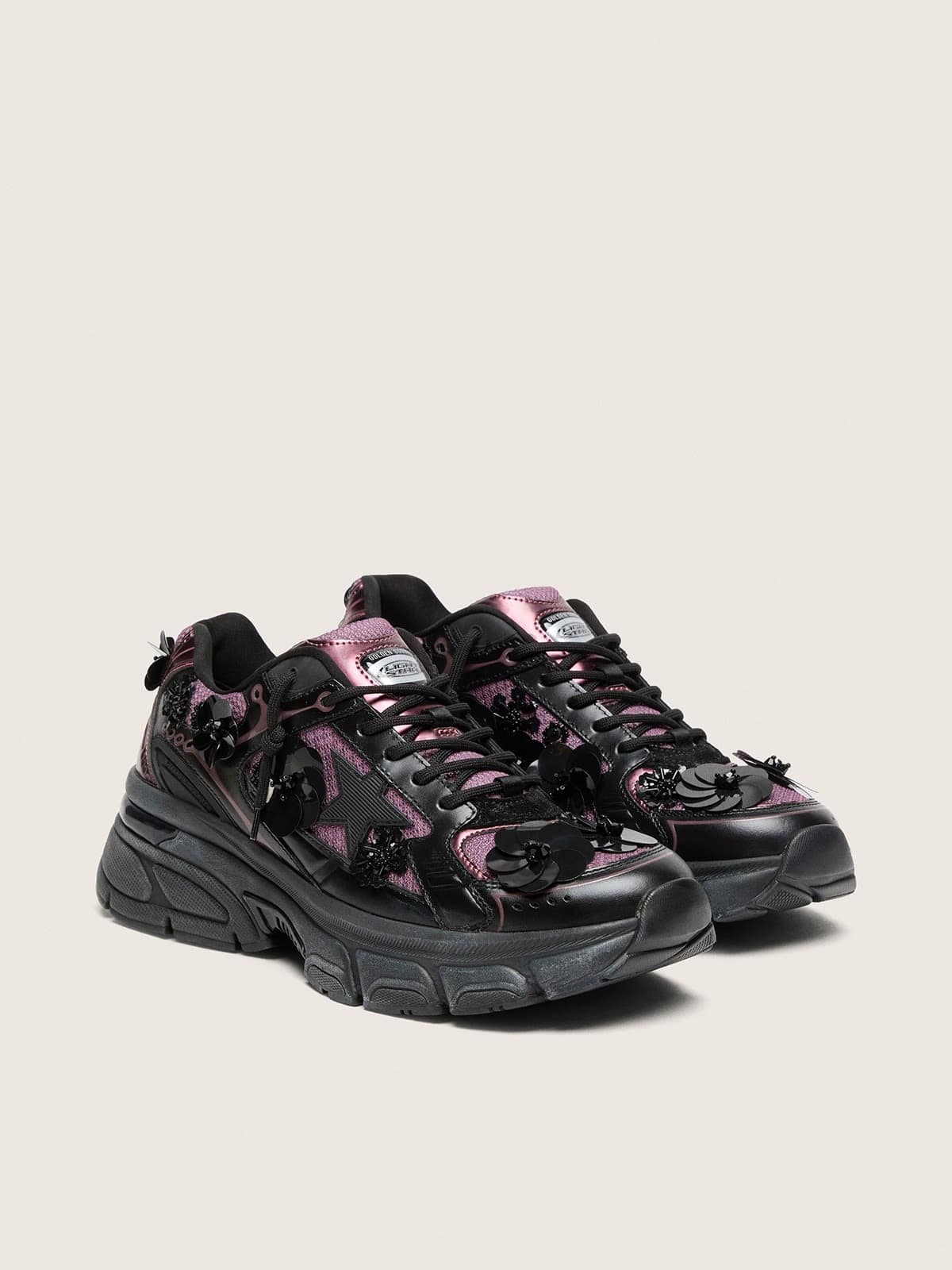 Women&rsquo;s Lightstar in black leather and lilac mesh with black star and floral appliqu&eacute;s