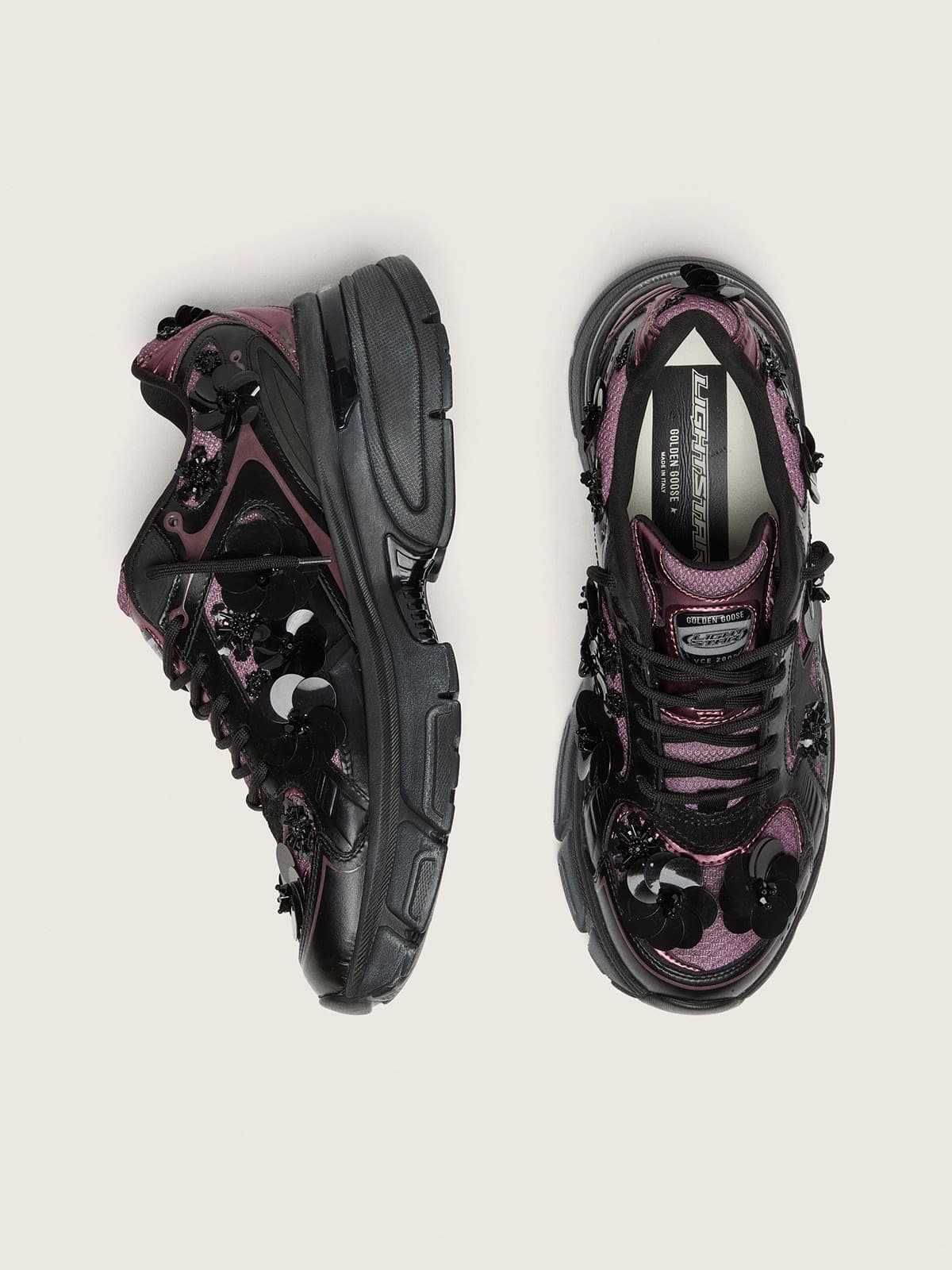 Women&rsquo;s Lightstar in black leather and lilac mesh with black star and floral appliqu&eacute;s