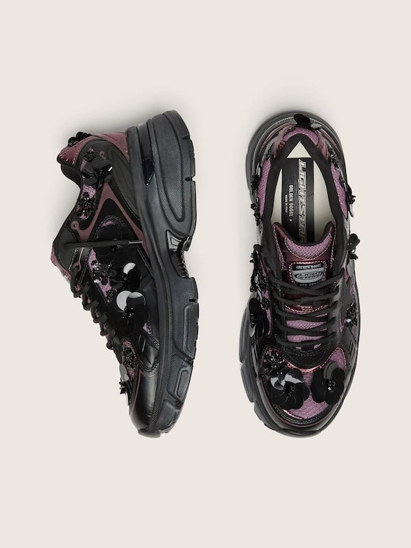 Women&rsquo;s Lightstar in black leather and lilac mesh with black star and floral appliqu&eacute;s