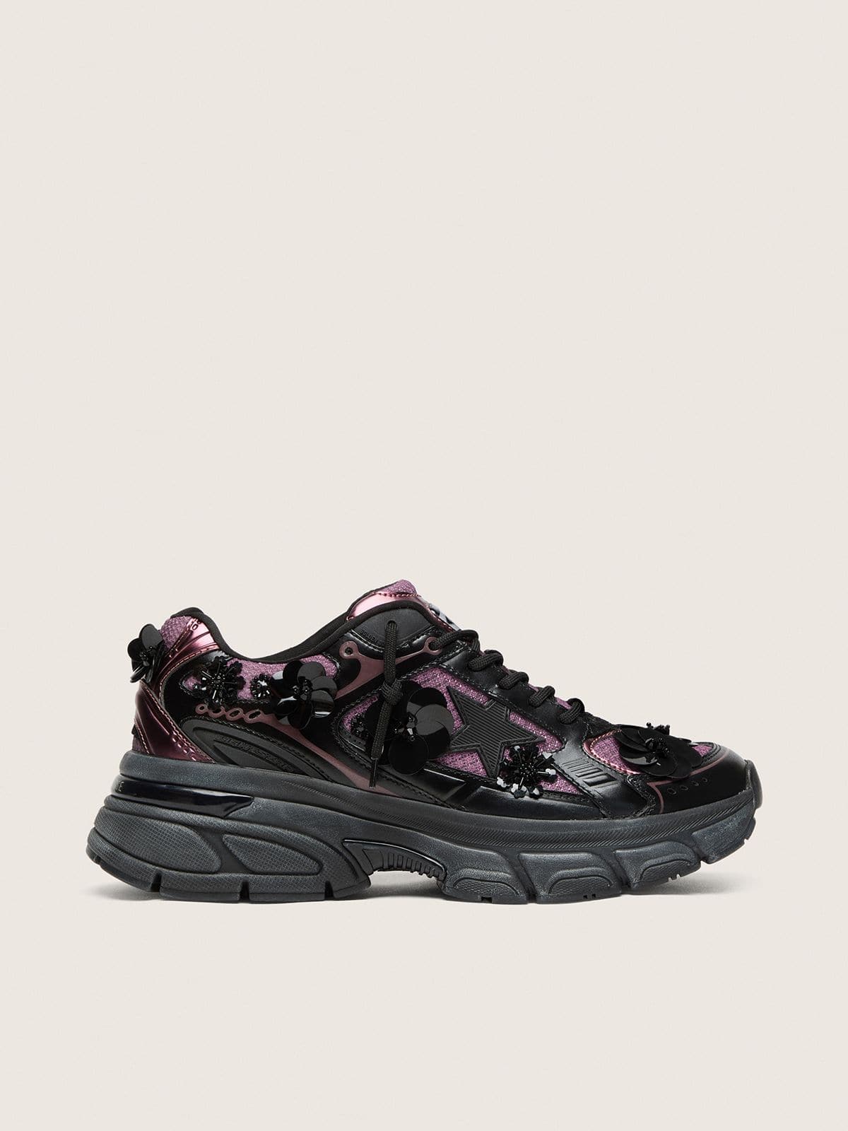 Golden Goose - Lightstar donna in pelle nera e rete lilla con stella nera e applicazioni floreali in 