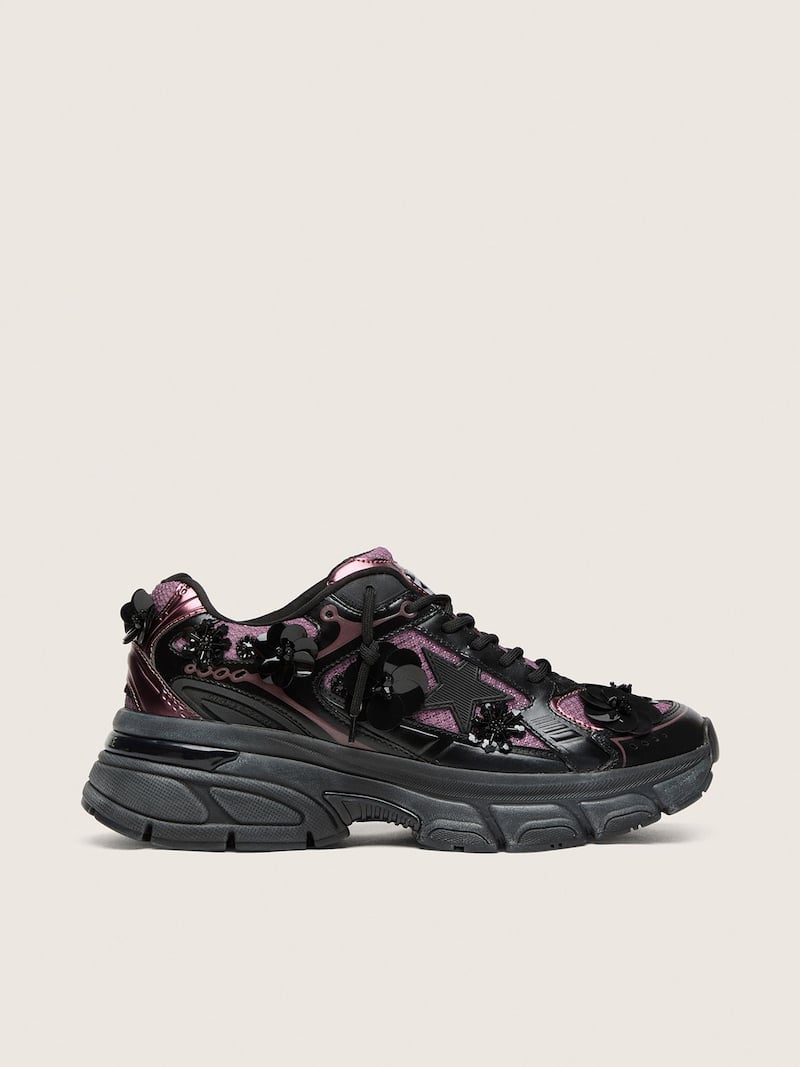 Women&rsquo;s Lightstar in black leather and lilac mesh with black star and floral appliqu&eacute;s